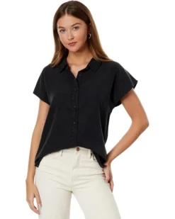Mod-o-doc Stone Washed Tencel Short Sleeve Button-Down Hi-Lo Blouse | Shirts & Tops