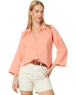 Mod-o-doc Double Layer Gauze 3/4 Sleeve Easy-Fit Button-Up Blouse | Shirts & Tops