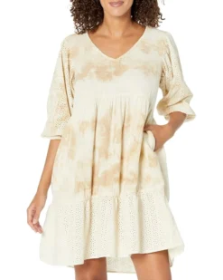 Mod-o-doc Static Wave Tie-Dye Gauze 3/4 Sleeve Lace Mix-Media V-Neck Dress | Dresses