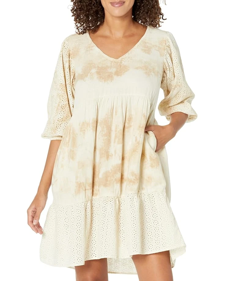 Mod-o-doc Static Wave Tie-Dye Gauze 3/4 Sleeve Lace Mix-Media V-Neck Dress | Dresses
