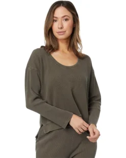 Mod-o-doc Washed Waffle Long Sleeve Open Neck Top | Shirts & Tops